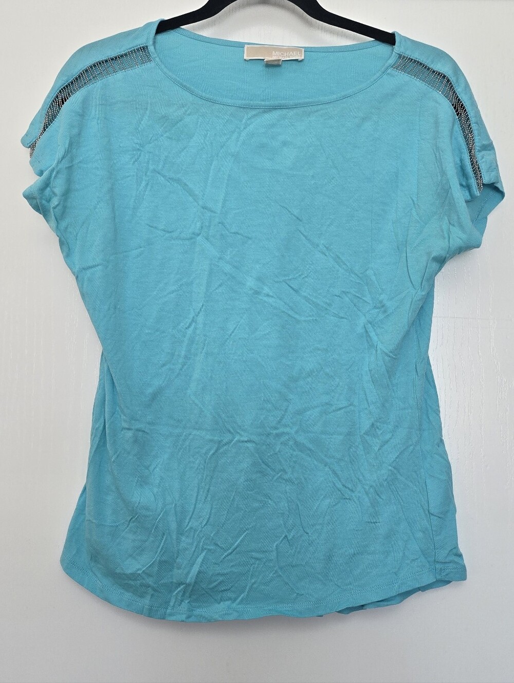 Michael Kors - Turquoise Short-Sleeve Top W Open Shoulder & Silver Bead Detail